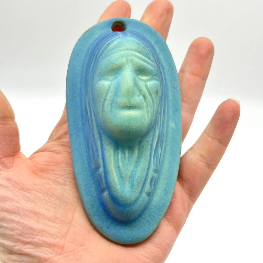 Van Briggle Pottery Spirit Face Hanging Plaque Blue Matte Glaze Colorado Springs